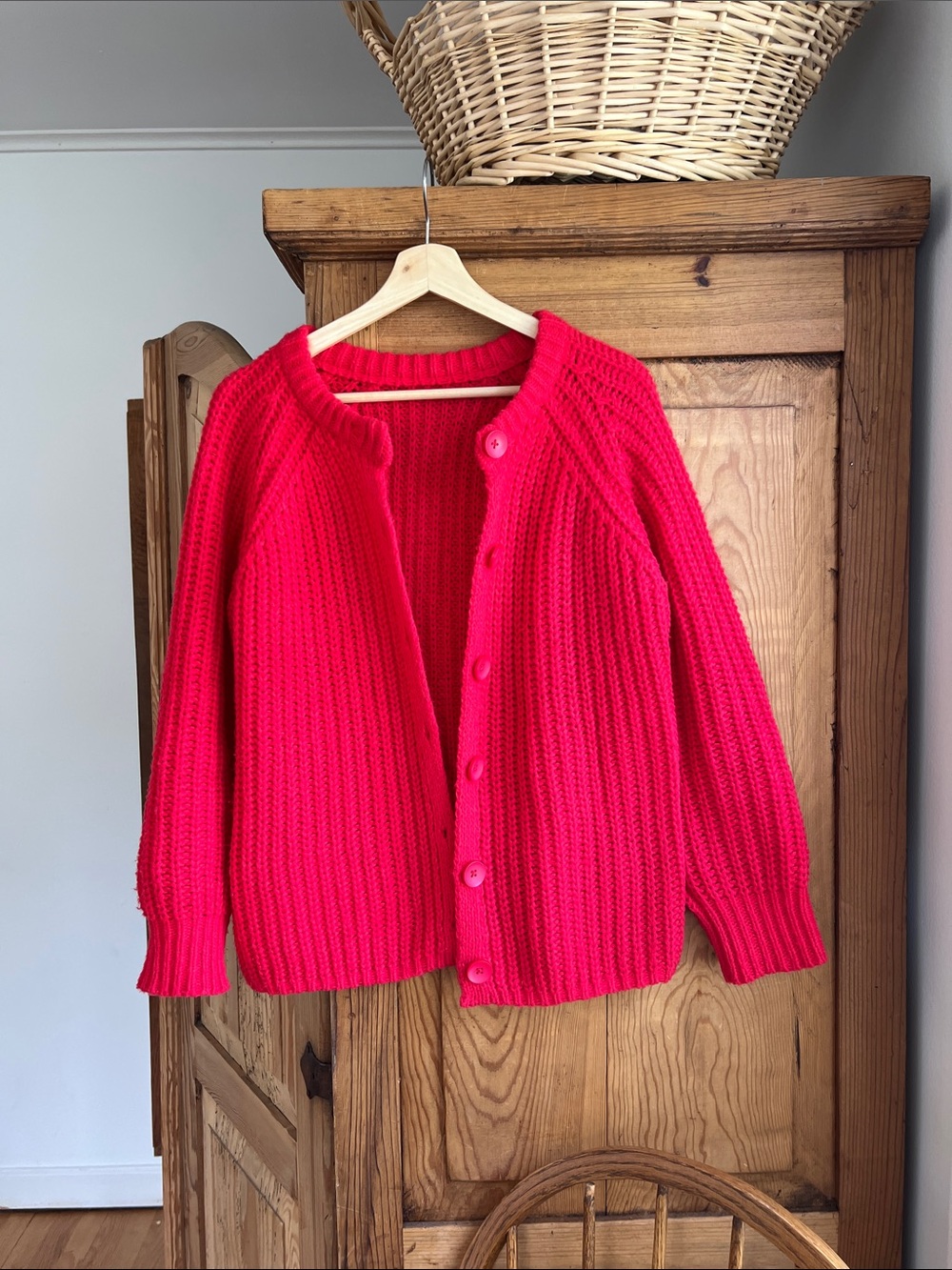 Bright Red Chunky Knit Button-Front Sweater